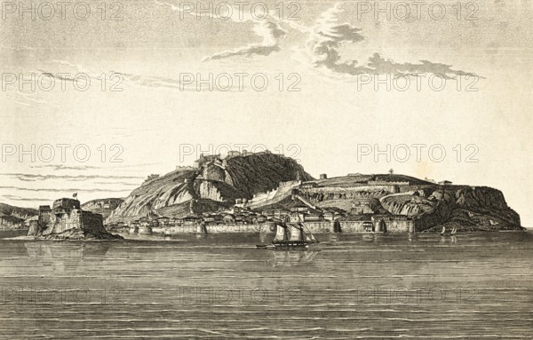 Napoli di Romani, Nafplio, Peloponnese, Argolic Gulf, Greece, rocks with Bourtzi fortress,