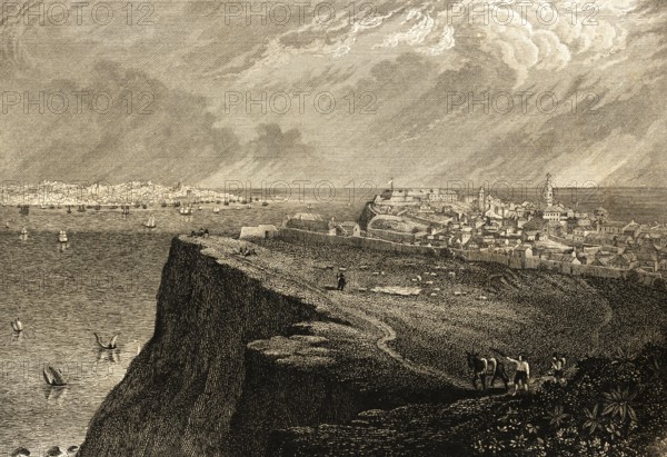 Lisbon cityscape seen from Almada, south of the Tagus, Atlantic, sailing ships, cliffs, path,