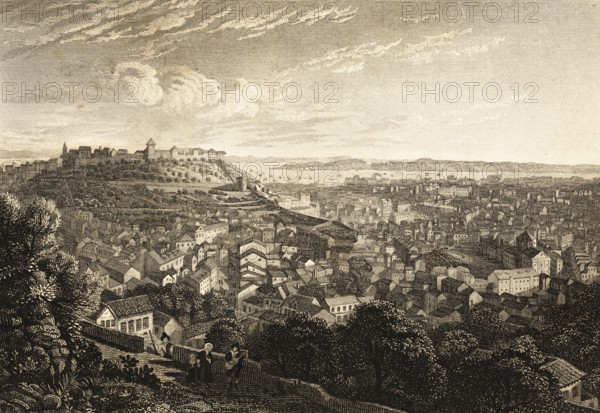 Lisbon cityscape, view of the city from the Senhora do Monte chapel, mirador, viewpoint, castle