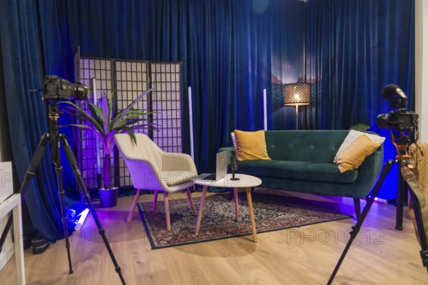 Modern content creation studio equipped for podcast recording or social media video production,