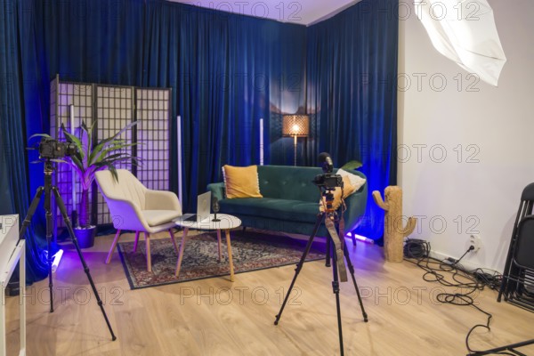 Modern content creation studio set up for video recording and podcast production, featuring