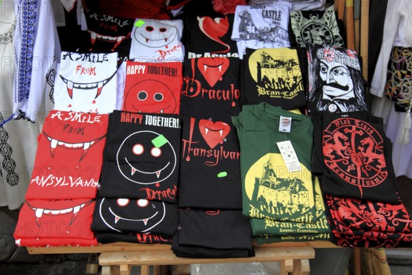 Souvenir sale at Bran Castle, marketing of Dracula, printed here on shirts, Törzburg, in