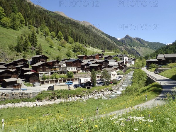Alpine village with traditional architecture, nestled in green mountains and dense forest, Binn,