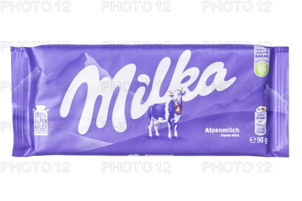 Milka chocolate 90g bar chocolate bar Alpine milk chocolates isolated against a white background
