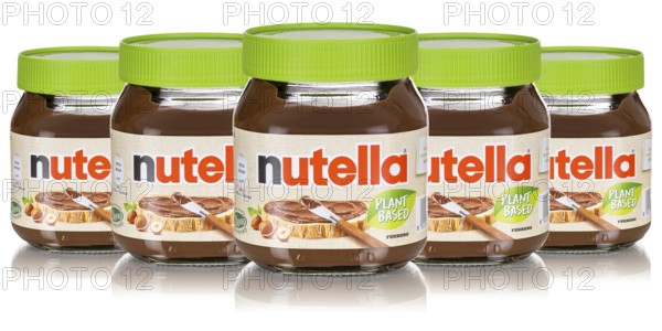 Nutella Plant Based Vegan Nut Nougat Cream 350g jars with logo cut against a white background in