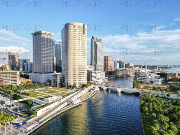 Tampa skyline from above aerial view with skyscrapers and Hillsborough River in downtown Tampa, USA