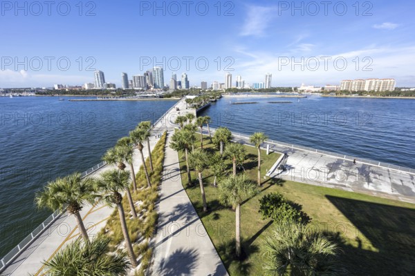 Saint Petersburg Florida skyline on Tampa Bay with St. Pete Pier and skyscrapers in downtown St.