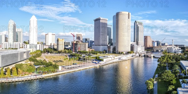 Tampa skyline from above aerial view with skyscrapers and Hillsborough River panorama in downtown