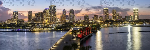 Saint Petersburg Florida skyline panorama on Tampa Bay from above with St. Pete Pier at night in