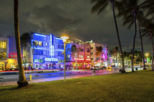 Miami Beach Florida building on Ocean Drive in art deco architecture style at night in Miami Beach,