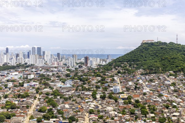 Cartagena skyline and Convento de Santa Cruz de la Popa monastery aerial view from above in