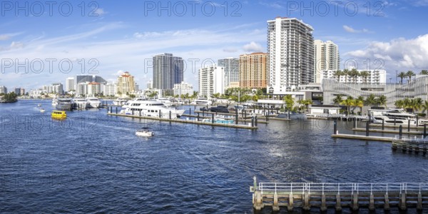 Fort Lauderdale skyline at the Las Olas Marina panorama with Florida boats yachts in Fort