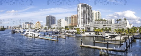 Fort Lauderdale skyline at Las Olas Marina with boats yachts panoramic Florida in Fort Lauderdale,