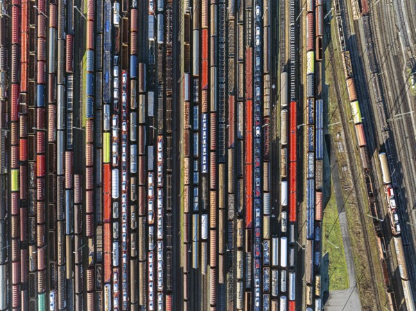 Mannheim marshalling yard. There are many freight trains and freight wagons on the tracks. aerial