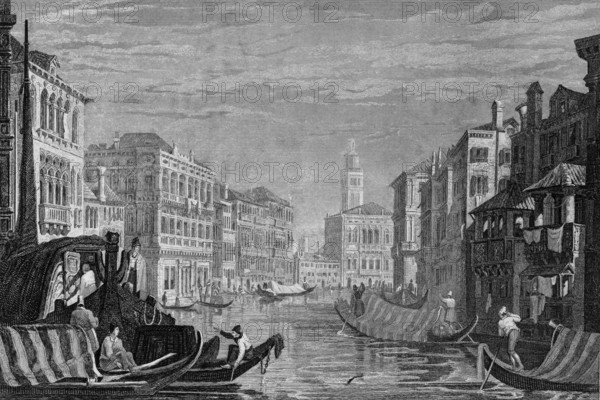 On the Grand Canal in Venice, Italy, covered gondolas, hustle and bustle, church tower, profession