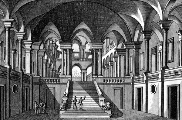 West wing of the university in Venice, Italy, interior, staircase, portico, double columns, vault,