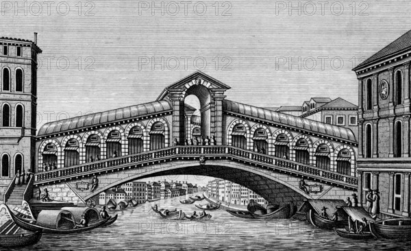 Ponte di Rialto, Rialto bridge over the Grand Canal, Venice, Italy, gondola, staircase, shore,
