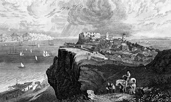 View of Lisbon over the Tagus, Portugal, rock peak, horsemen, excursion, busy shipping, many