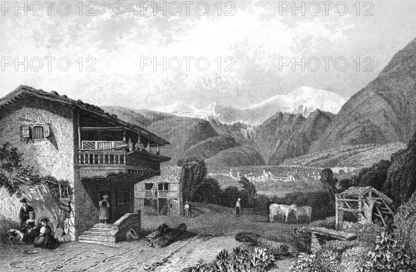 Over the Simplon Pass to Brig, Brig-Glies, Switzerland, typical farmhouse with wooden balcony,