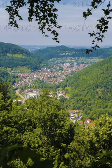 View of Lichtenstein Castle, view of the Echaz Valley and Lichtenstein-Unterhausen, Albtrauf,