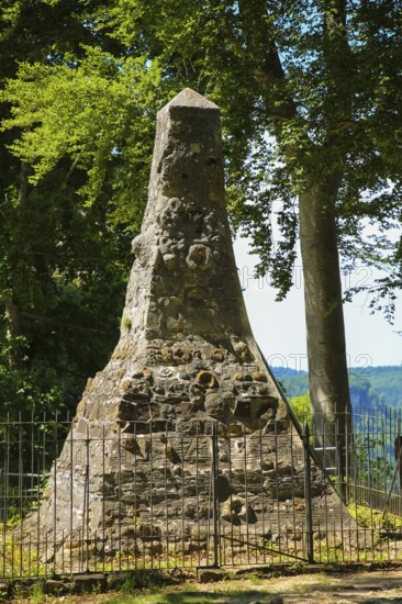 Rock obelisk near Lichtenstein, fence, geological past, display object, rocks from the Swabian