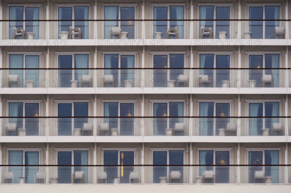 Close-up view of balconies of the Disney Magic ship, Bremerhaven, Bremen, Germany