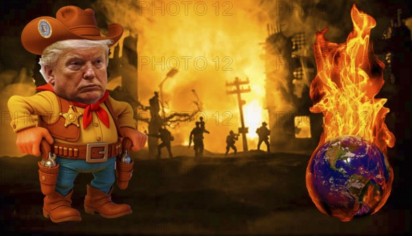 Symbolic image, Trump as world sheriff, determined over the world and USA, war ending, deportation