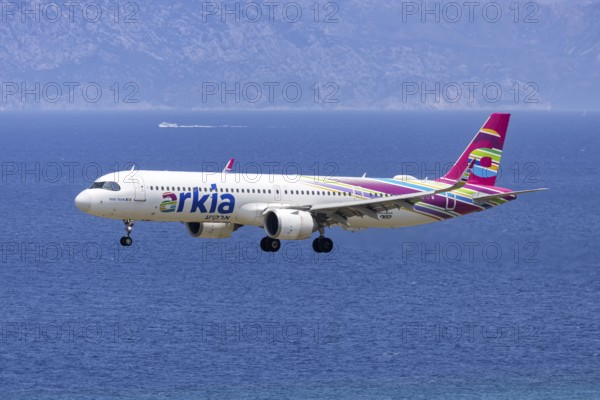 An Arkia Israeli Airlines Airbus A321LR aircraft with the 4X-AGH license plate at Rhodes airport,