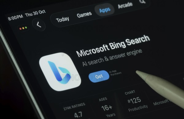 Dhaka, Bangladesh- 30 Oct 2025: Microsoft Bing app displayed on a iPad screen in dark mode with a