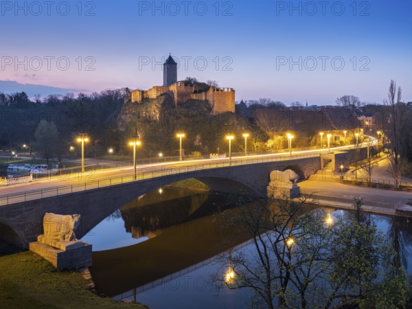 Ruins of Giebichenstein Castle and Giebichenstein Bridge over the Saale River at Dawn, Halle an der