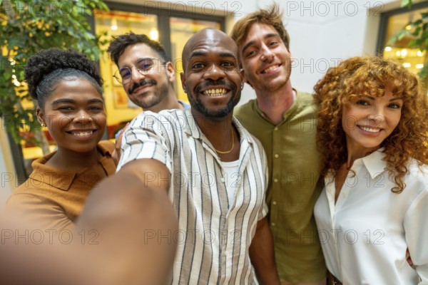 Group of happy multiracial business colleagues, including men and women, posing for a cheerful