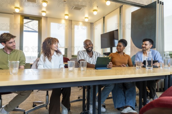 Diverse business colleagues collaborating in a modern office, sharing ideas and working together
