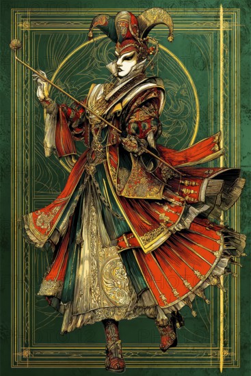 Modern representation of tarot card The Harlequin symbolizing duality, transformation, wit,