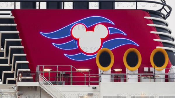 Close-up view of the chimney of the Disney Magic ship, Bremerhaven, Bremen, Germany