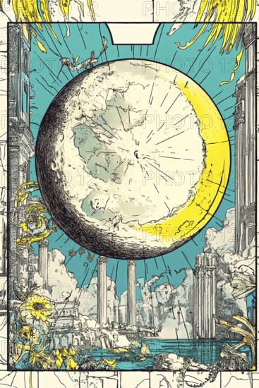 Modern representation of tarot card The Moon symbolizing illusion, dreams, deception, fear,