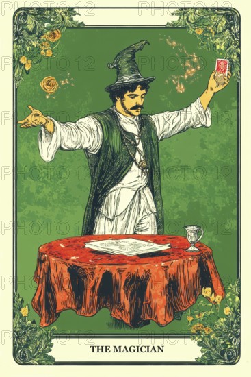 Classical representation of tarot card The Magician symbolizing power, influence, skill, ability,