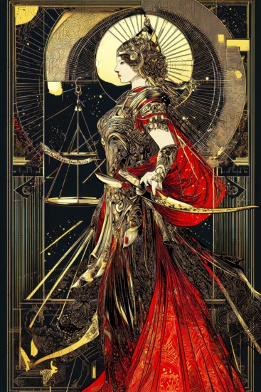 Modern representation of tarot card The Justice symbolizing justice, law, truth, honesty,