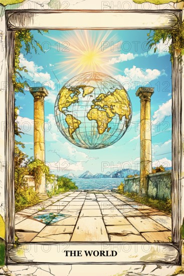 Modern representation of tarot card The World symbolizing completion, fulfilment, achievement,