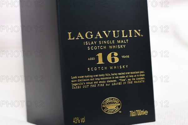 Germany - February 1st 2026: Close up of black cardboard packaging of Lagavulin Islay single malt