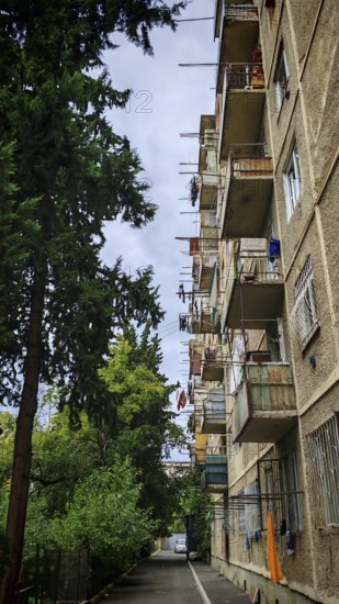Residential building with balconies on a tree-lined street, Tbilisi, Georgia