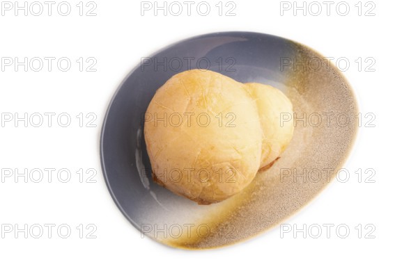 Smoked Mozzarella cheese, with tomatoes and olives isolated on white background, top view, flat