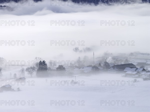 Village, houses, farms, maypole, fog, high fog, winter, cold, snow, Schlehdorf, Alpine foothills,