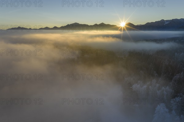 Sunrise, fog, high fog, mountain landscape, back light, hoarfrost, cold, winter, sunny, aerial