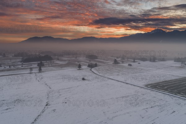Morning atmosphere, dawn, clouds, sunrise, snow, cold, winter, aerial view, Loisach-Lake