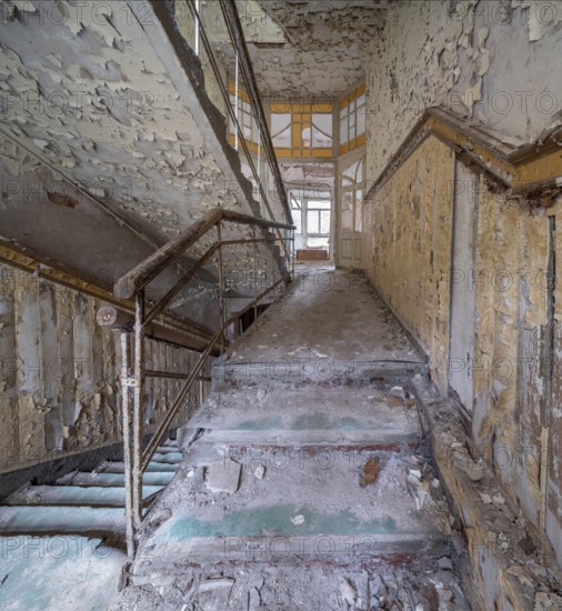 Staircase of a former sanatorium, Lost Place, Thuringia, Germany