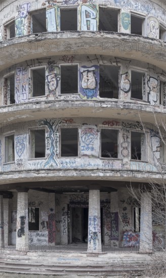 Dilapidated façade full of graffiti in a former FDGB holiday home, Lost Place, Saxony-Anhalt,