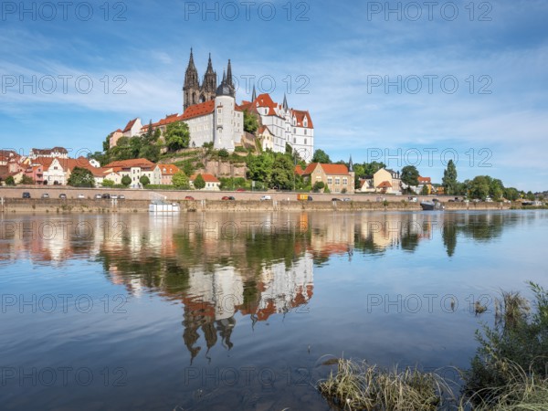 castle hill with cathedral and Albrechtsburg is reflected in the river Elbe, Meissen, Saxony,