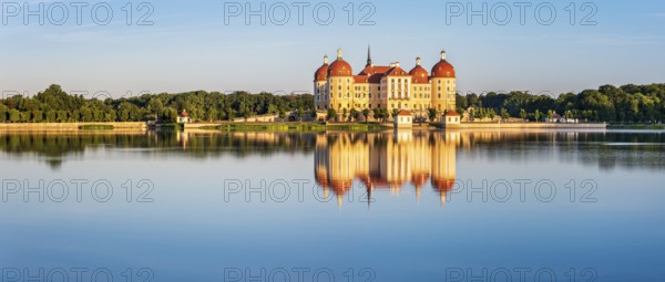 Panorama, Moritzburg Castle, Augusts the Strong hunting lodge in morning light, water reflection in