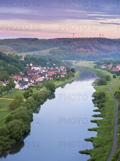 View from the Weser Skywalk towards Herstelle and Würgassen at dawn at dusk, Beverungen, Höxter,