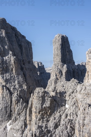 Campanile Alto pinnacle, Bocchette Centrale band trail, via ferrata in the Brenta Mountains,